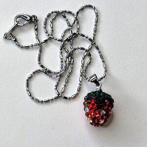 Kids or Teens Red And Dark Green Strawberry Pendant with 18K Silver Necklace